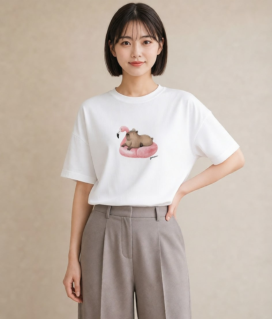 半袖Tシャツ レディース カピバラ かぴばら 動物 アニマル イラスト ニュアンス 親子 20代 白T