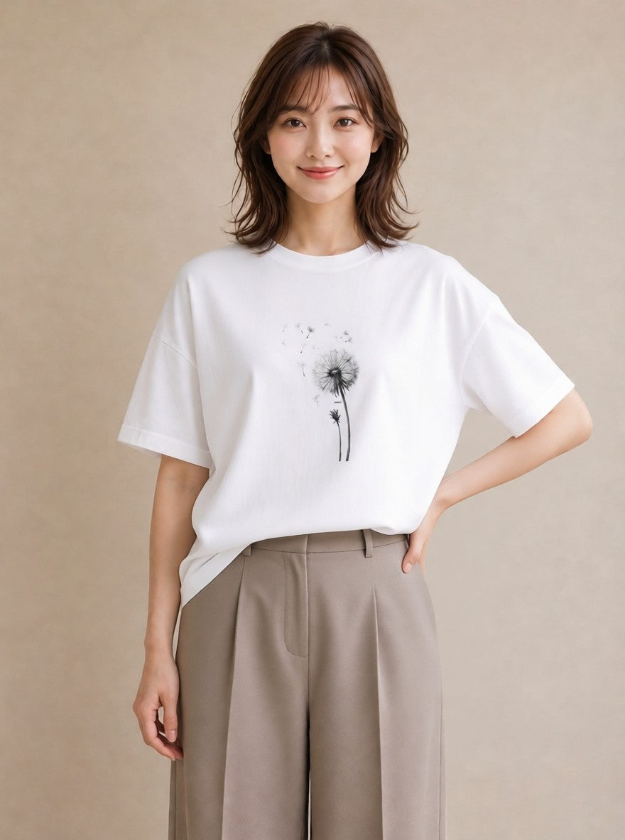 半袖Tシャツ レディース たんぽぽ 花 花柄 イラスト ラフカジュアル 週末コーデ 敬老の日 白T
