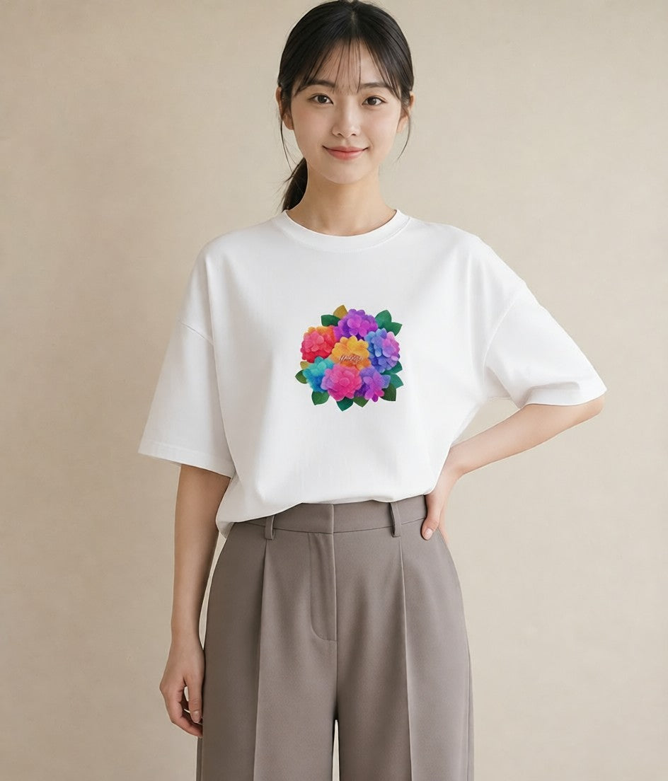半袖Tシャツ レディース あじさい 紫陽花 アジサイ 花 花柄 イラスト カフェコーデ お出かけ 普段着 白T