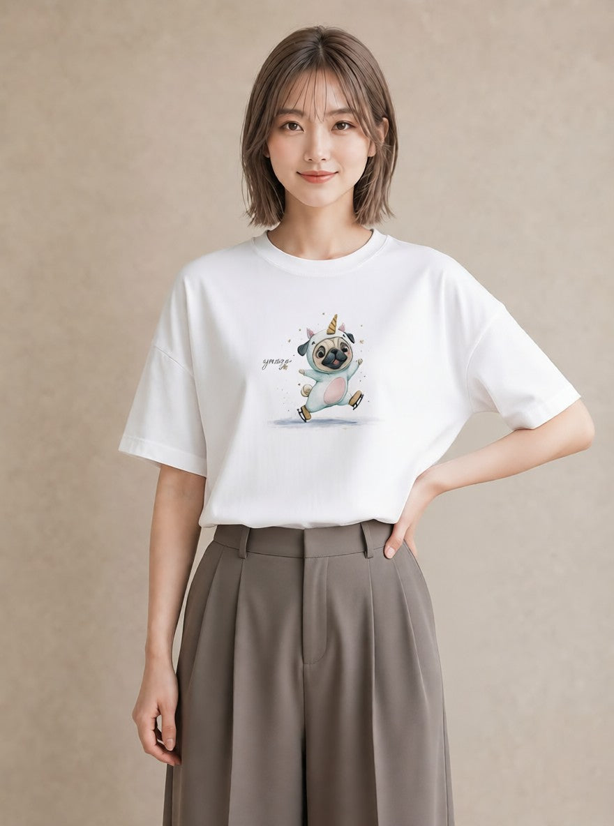 プリントTシャツ レディース パグ 犬 いぬ イラスト ニュアンス 社会人 女性 白T