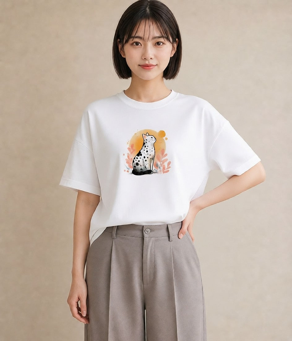 グラフィックTシャツ レディース おすわり猫 猫 ねこ イラスト カジュアル ラフ レイヤード 白T