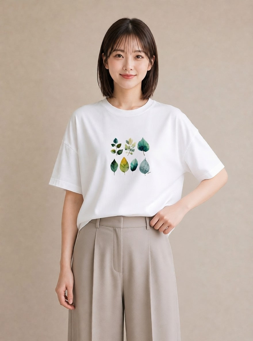 デザインTシャツ レディース 葉っぱ 植物 ボタニカル イラスト 線画 親子 20代 白T