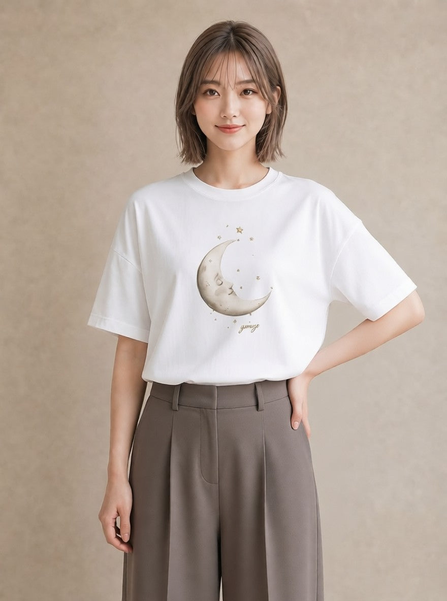 プリントTシャツ レディース 三日月 星空 宇宙 イラスト きれいめ おしゃれギフト 社会人 白T