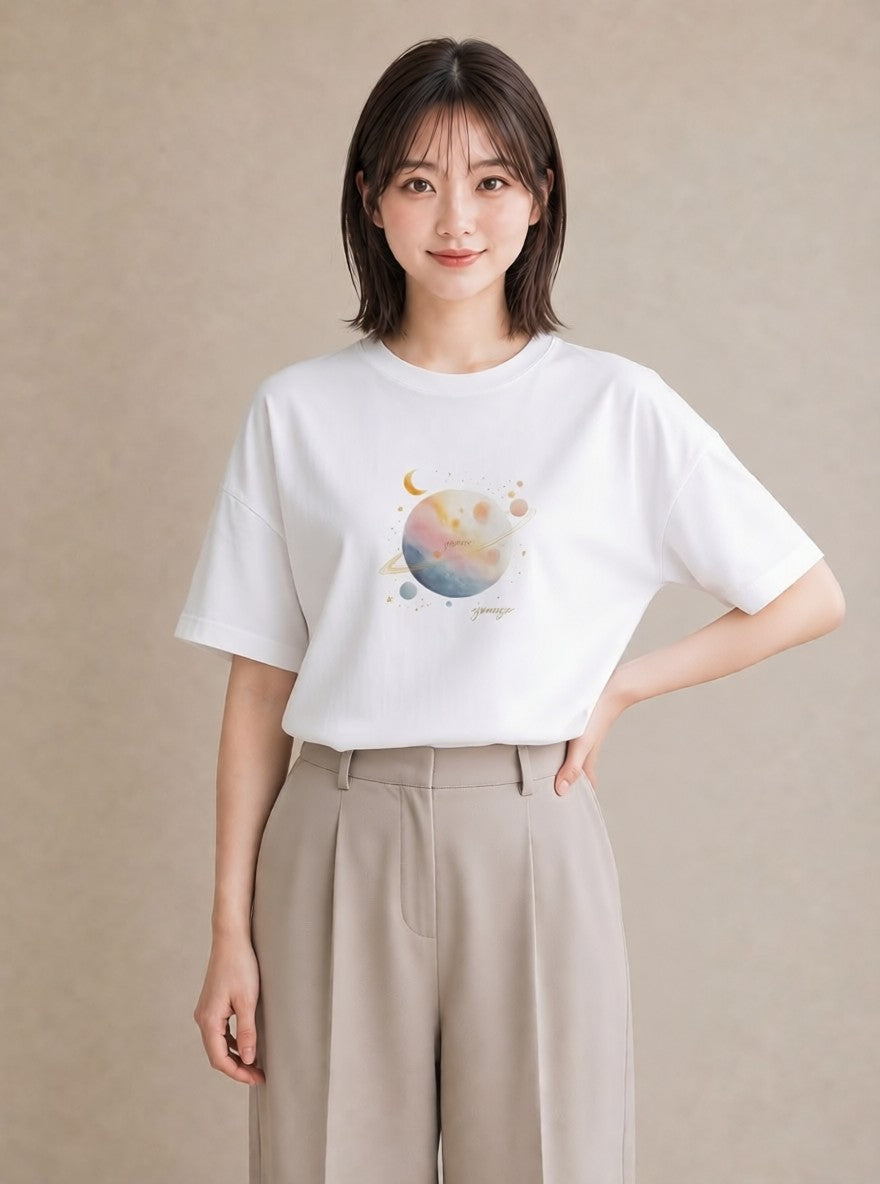 プリントTシャツ レディース 太陽 星空 宇宙 イラスト 水彩風 クリスマス 旅行 白T