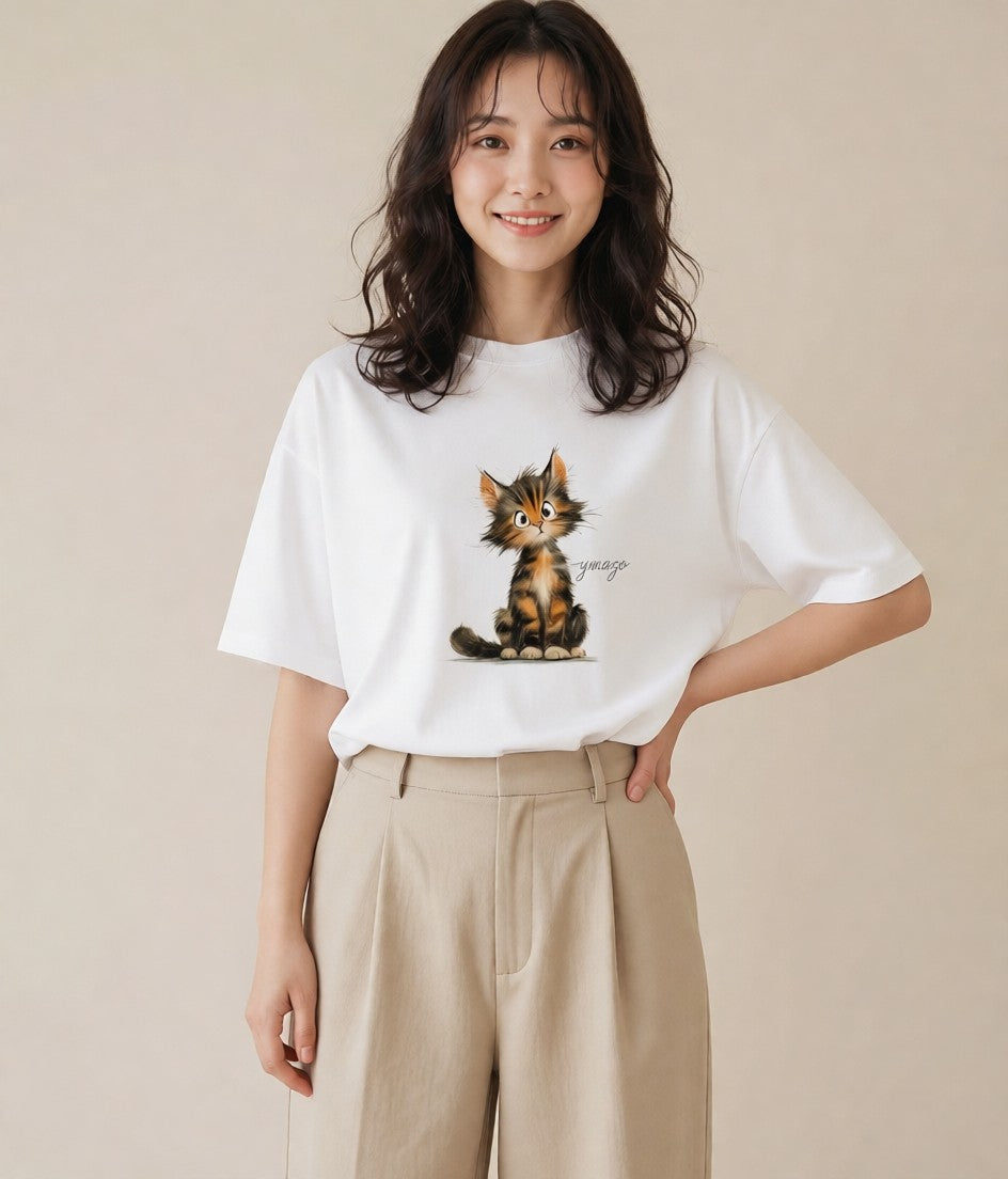 Tシャツ レディース 茶トラ 茶猫 猫 ねこ イラスト ボタニカル カジュアルコーデ 買い物 白T