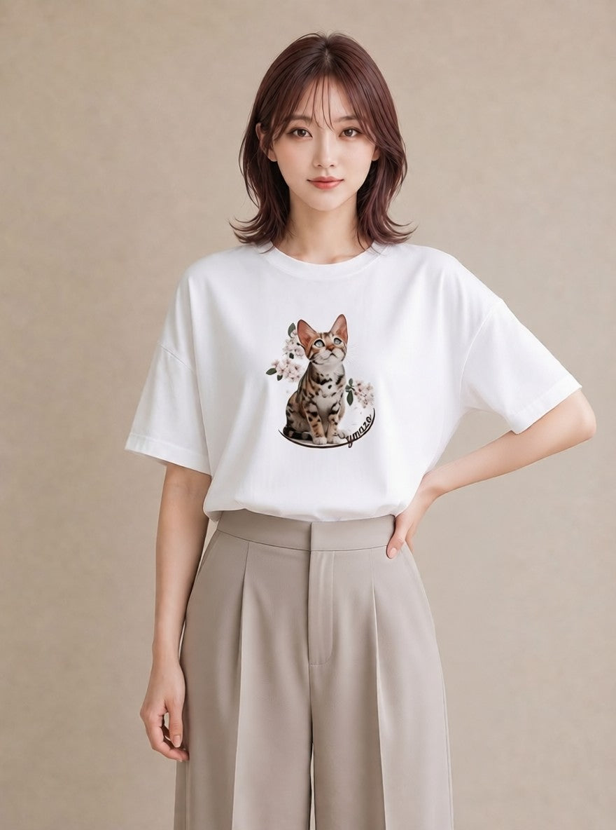 半袖Tシャツ レディース アビシニアン 猫 ねこ イラスト 水彩風 旅行 母娘コーデ 白T