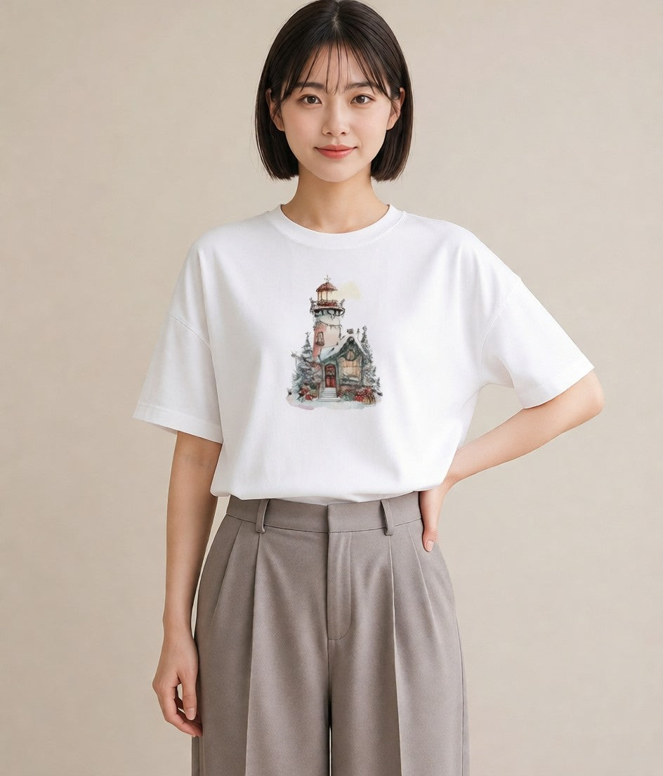 プリントTシャツ レディース 灯台 霧 海 ナチュラル アンティーク イラスト カジュアル 姉妹 送別ギフト 白T