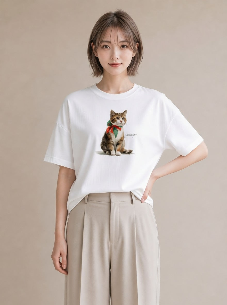 Tシャツ レディース 三毛猫 みけねこ 三毛 猫 ねこ イラスト 線画 在宅 公園 白T