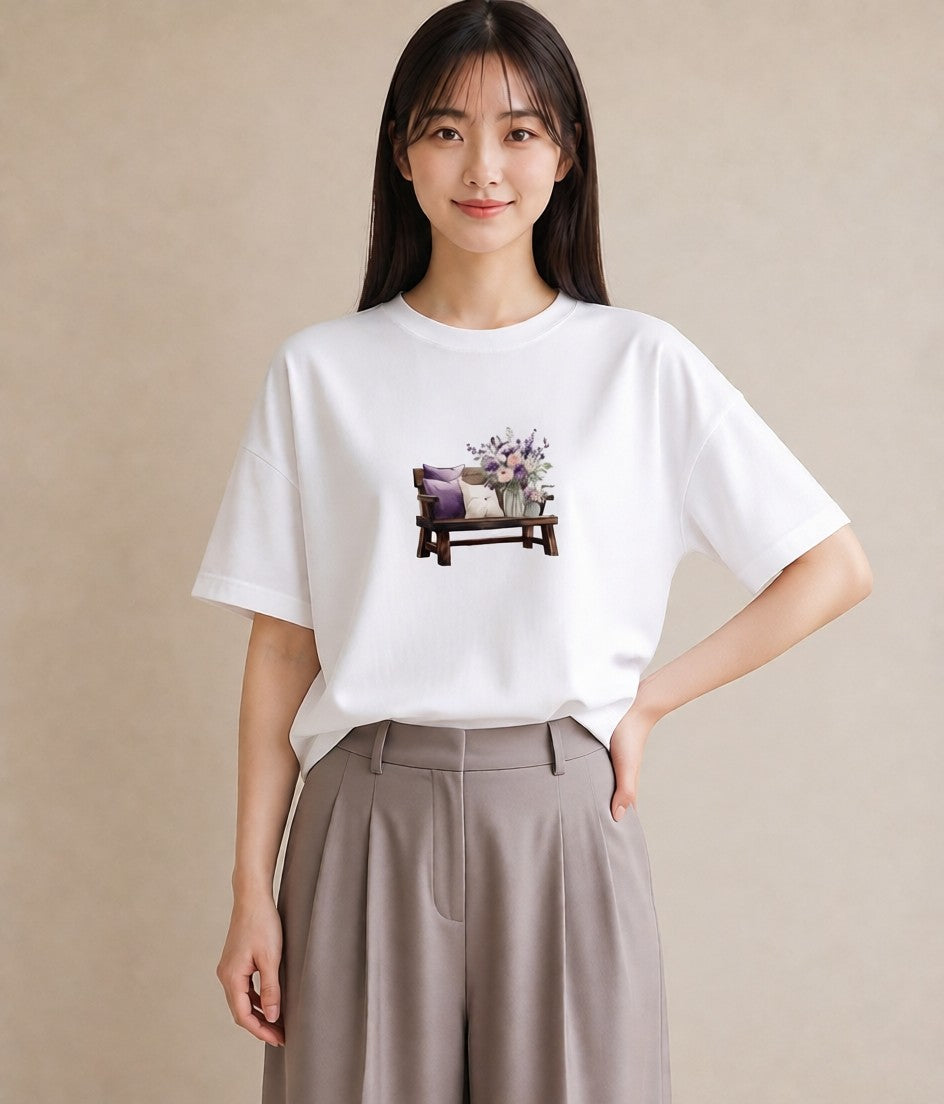 Tシャツ レディース 雨上がりのベンチ ベンチ ナチュラル アンティーク イラスト ミニマル 自分用 ルームウェア 白T