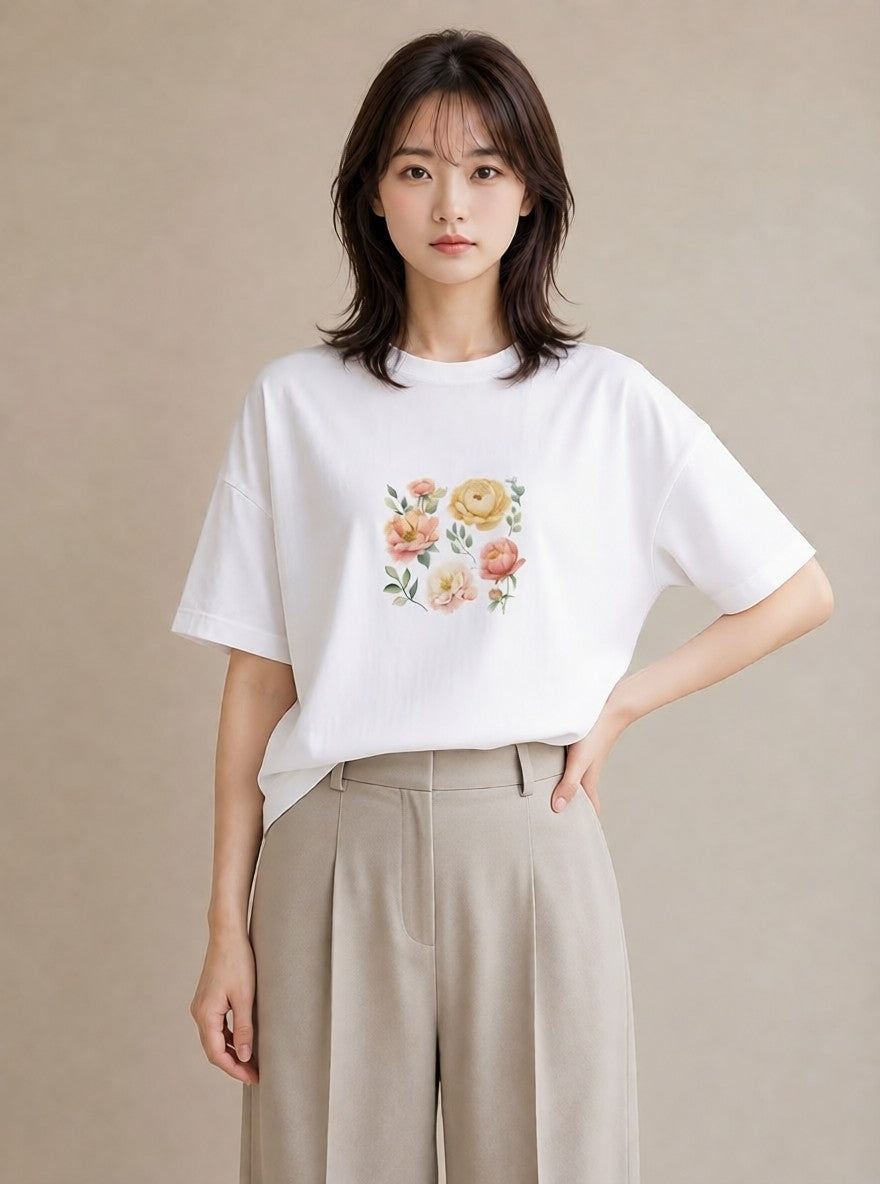 プリントTシャツ レディース 椿 花 花柄 イラスト 淡色 デイリーウェア 休日 白T