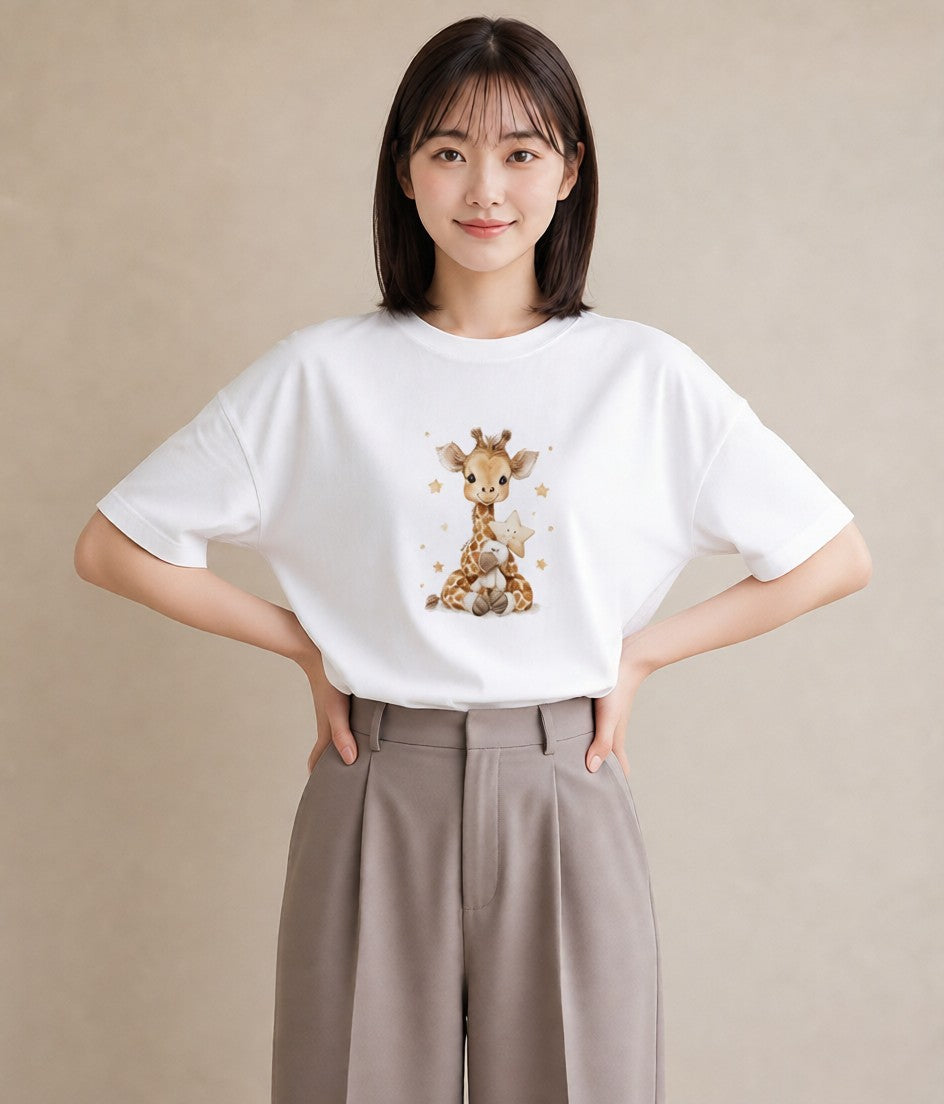 Tシャツ レディース きりん 動物 アニマル イラスト 水彩風 レイヤード 友達ギフト 白T
