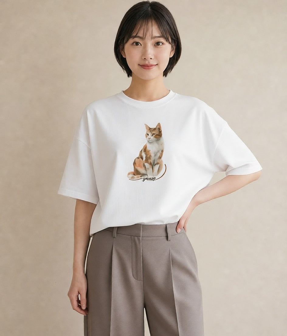 グラフィックTシャツ レディース 白猫 猫 ねこ イラスト カフェコーデ レイヤード 友達ギフト 白T