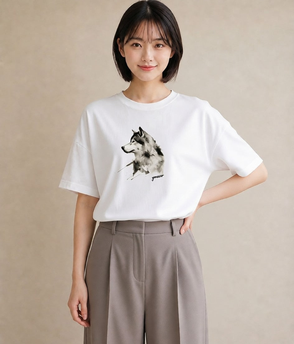 グラフィックTシャツ レディース シベリアンハスキー 犬 いぬ イラスト アート風 在宅 公園 白T