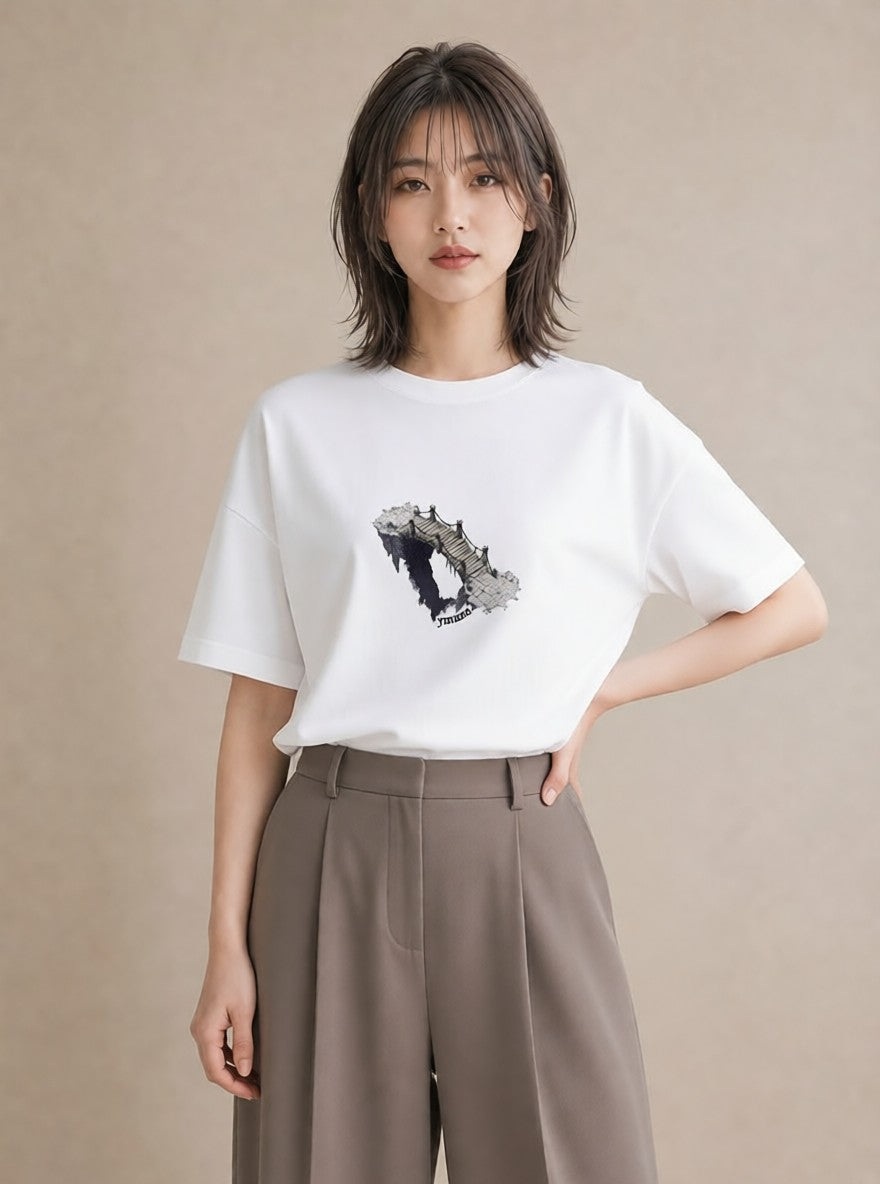 Tシャツ レディース 小川 橋 せせらぎ ナチュラル アンティーク イラスト ラフ 旅行用 海 白T