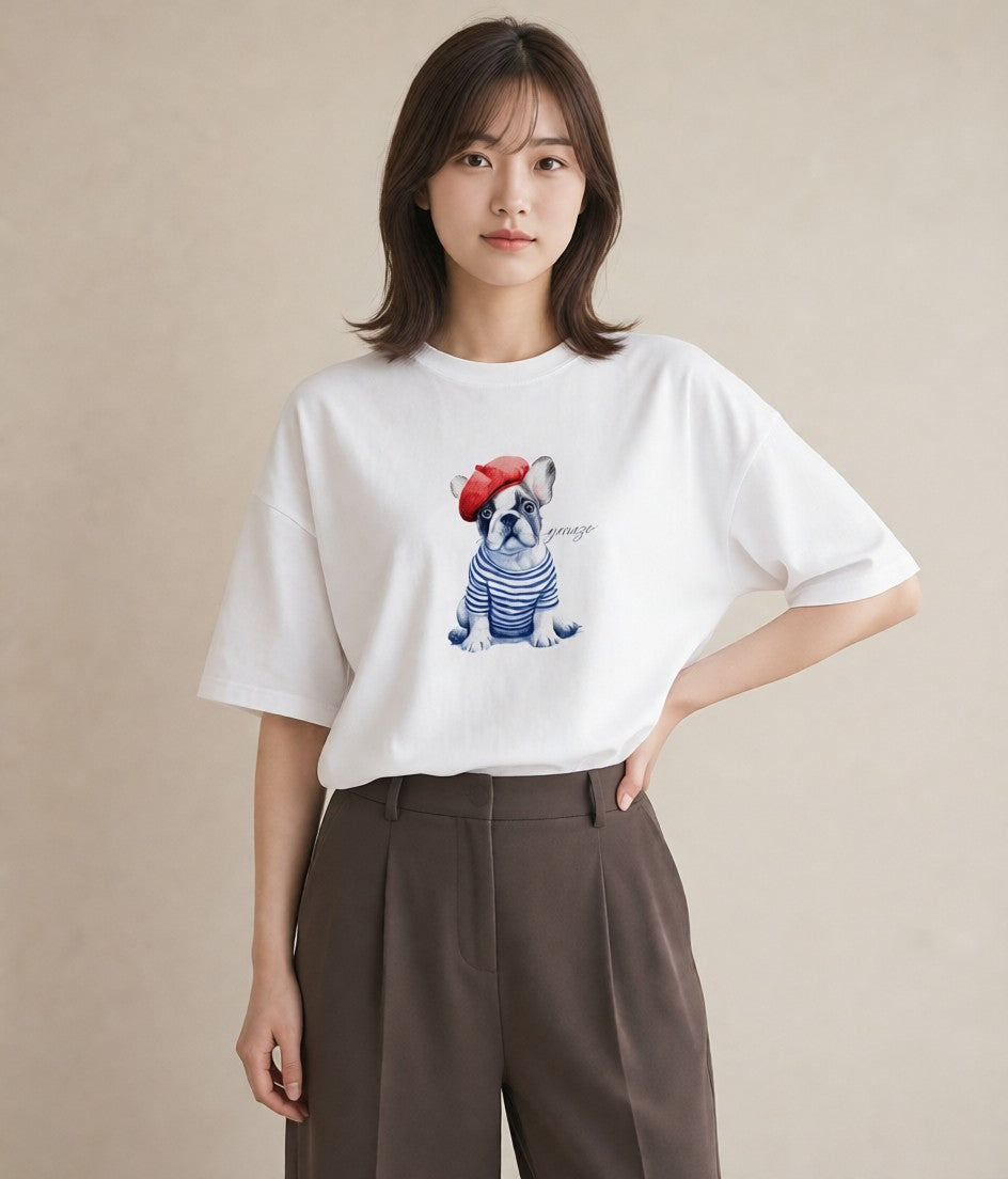 Tシャツ レディース フレンチブルドッグ フレブル 犬 いぬ イラスト カフェコーデ 送別ギフト 通勤 白T