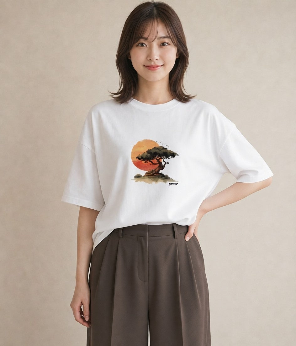 プリントTシャツ レディース 盆栽 植物 ボタニカル イラスト きれいめ 在宅 公園 白T