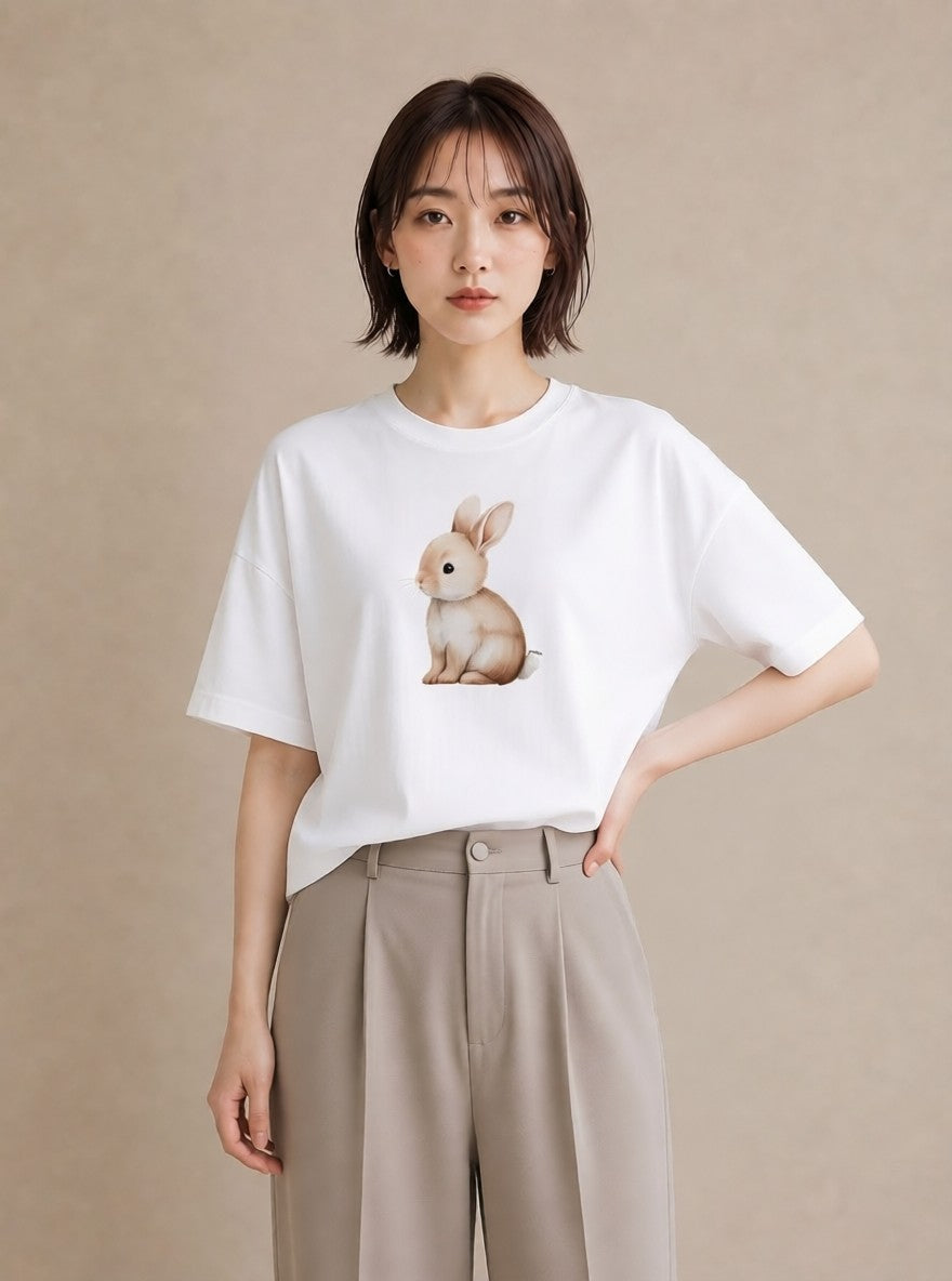Tシャツ レディース ウサギ系野生 動物 アニマル イラスト きれいめカジュアル ホワイトデー 春服 白T