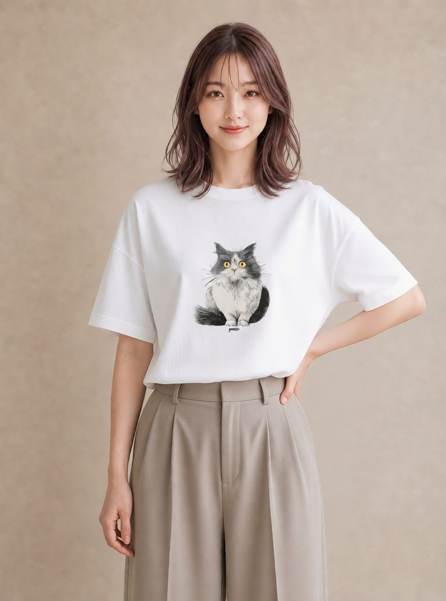 プリントTシャツ レディース メインクーン 猫 ねこ イラスト こなれ感 母娘コーデ 自分用 白T