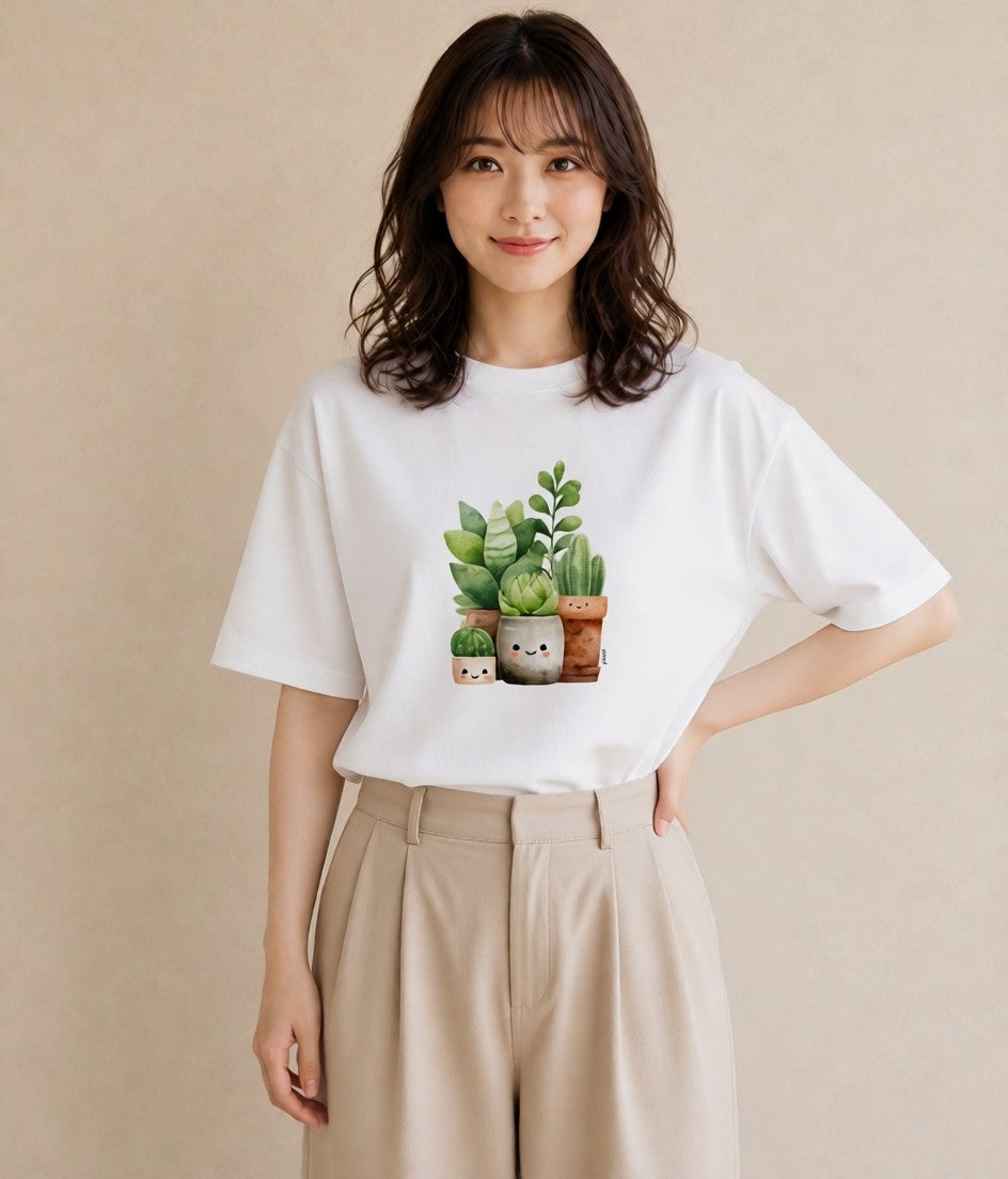グラフィックTシャツ レディース 多肉植物 植物 ボタニカル イラスト 手描き風 ルームウェア ギフト 白T