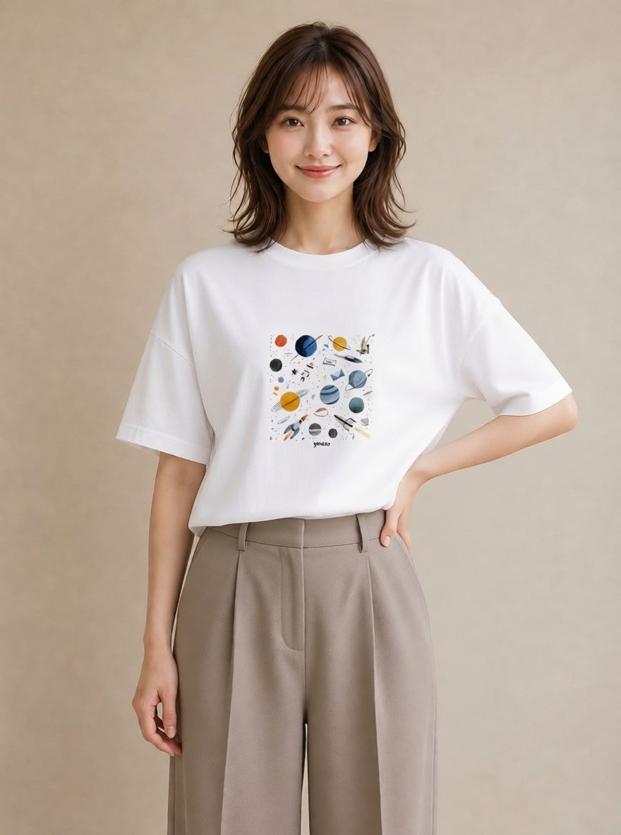 プリントTシャツ レディース 惑星 星空 宇宙 イラスト シンプル 誕生日プレゼント 綿100 白T