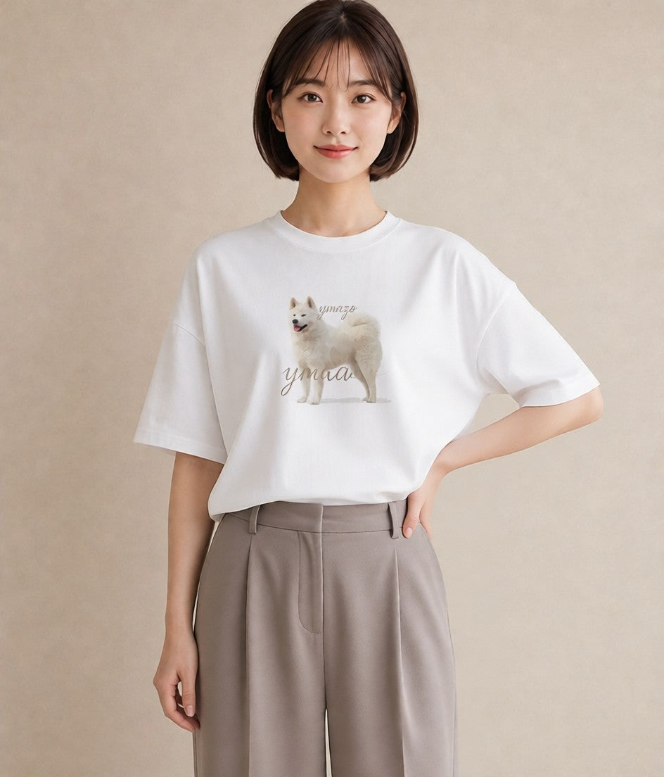 Tシャツ レディース サモエド 犬 いぬ イラスト ボタニカル ママ カフェ服 白T
