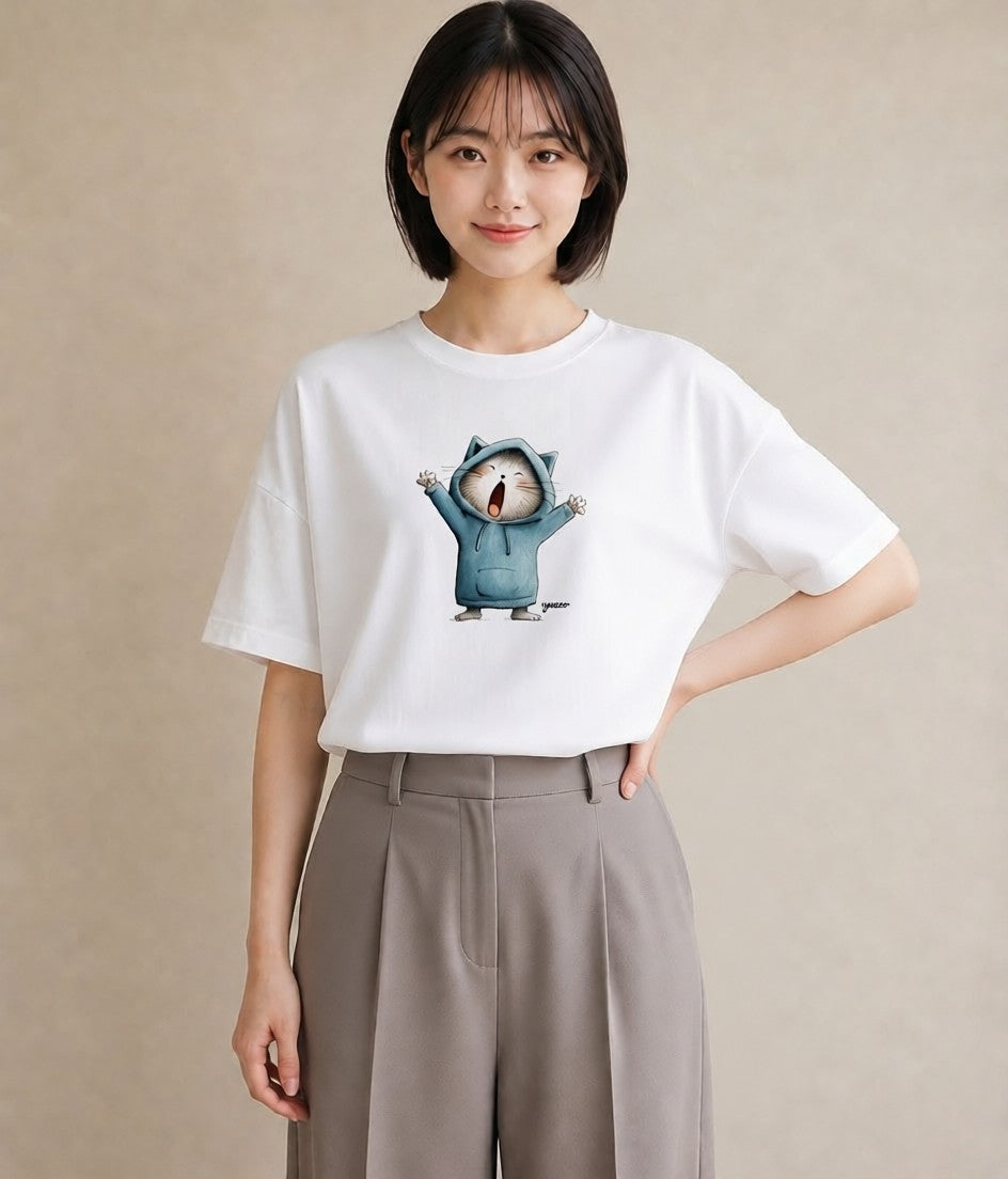 半袖Tシャツ レディース ニャンコ 猫 ねこ イラスト こなれ感 敬老の日 ホワイトデー 白T