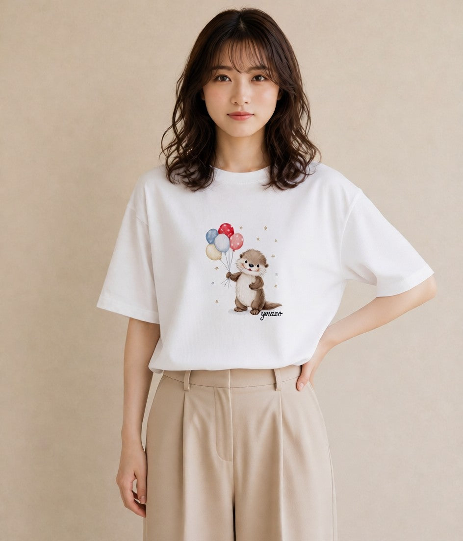 デザインTシャツ レディース ラッコ 動物 アニマル イラスト 線画 買い物 夏コーデ 白T