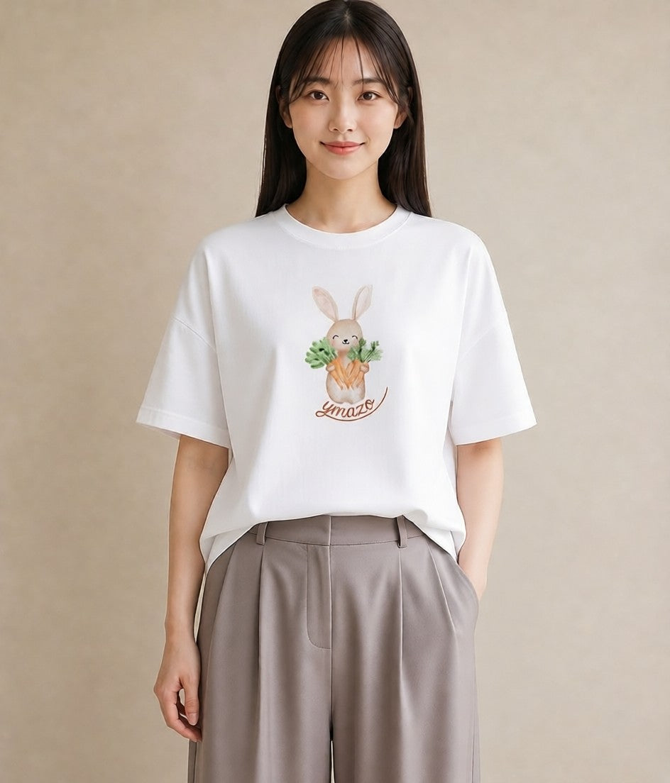 Tシャツ レディース ウサギ系野生 動物 アニマル イラスト 在宅 公園 白T