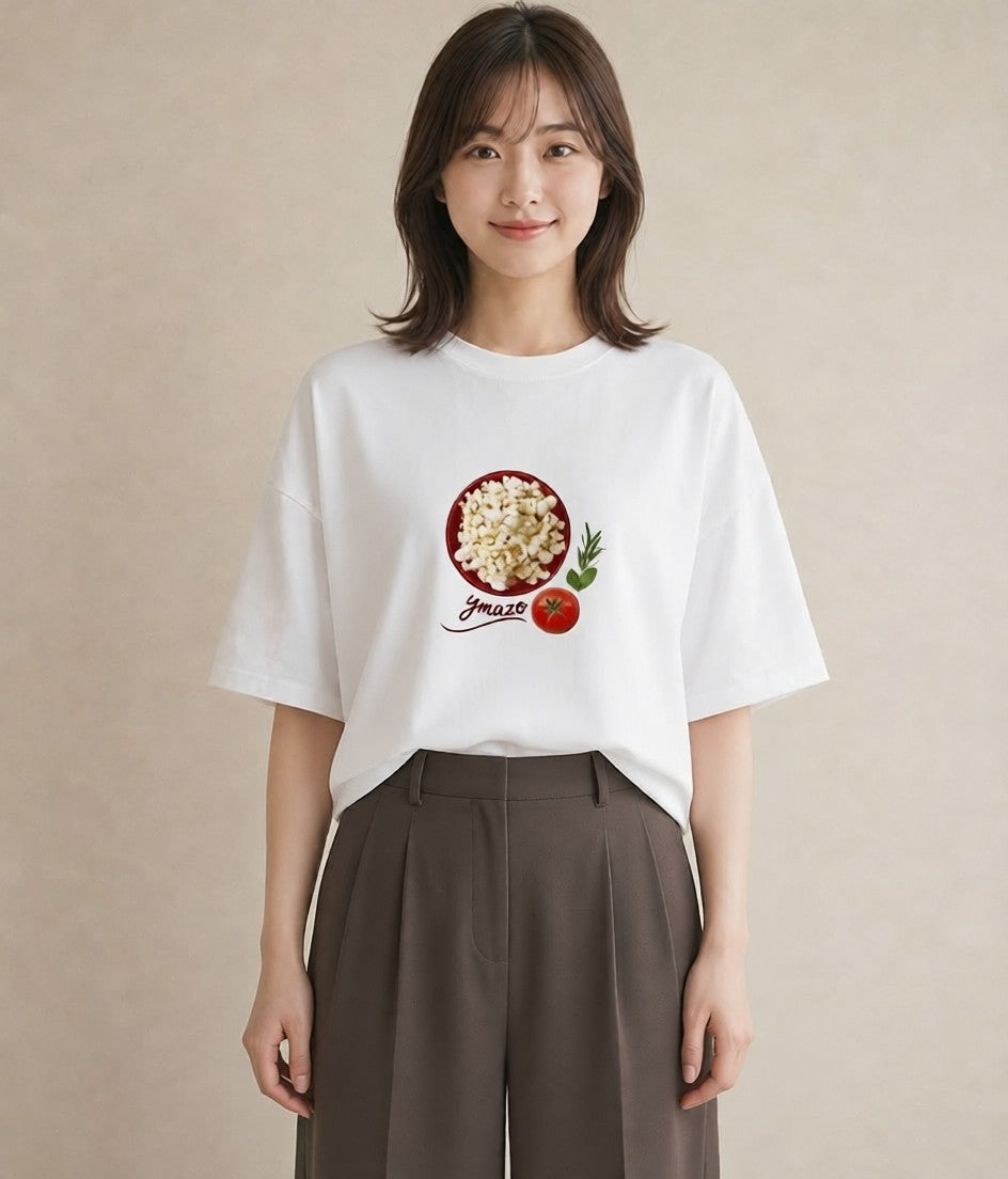 半袖Tシャツ レディース ポップコーン 食べ物 フード イラスト ヴィンテージ風 母の日 ビーチ 白T