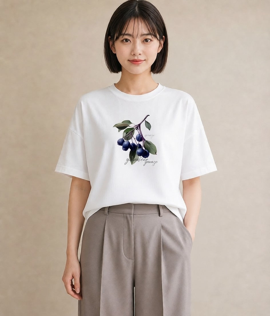 グラフィックTシャツ レディース ブルーベリー 食べ物 フード イラスト 水彩風 在宅 公園 白T