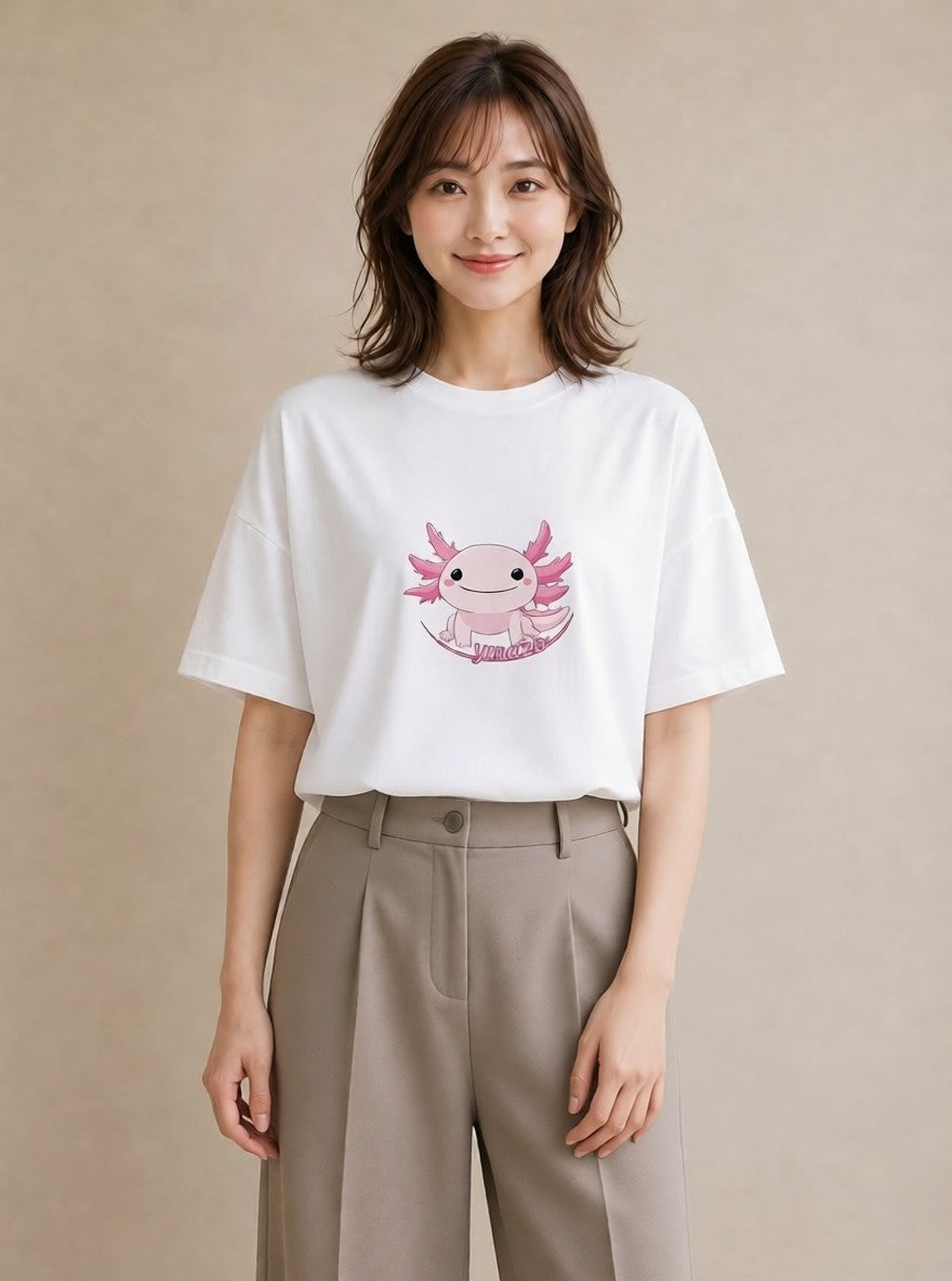 デザインTシャツ レディース ウーパールーパー ペット 動物 イラスト レトロ 公園 ママ 白T