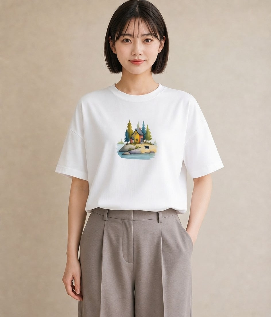 プリントTシャツ レディース 湖畔の小屋 湖 小屋 ナチュラル アンティーク イラスト 抜け感 デート 帰省 白T