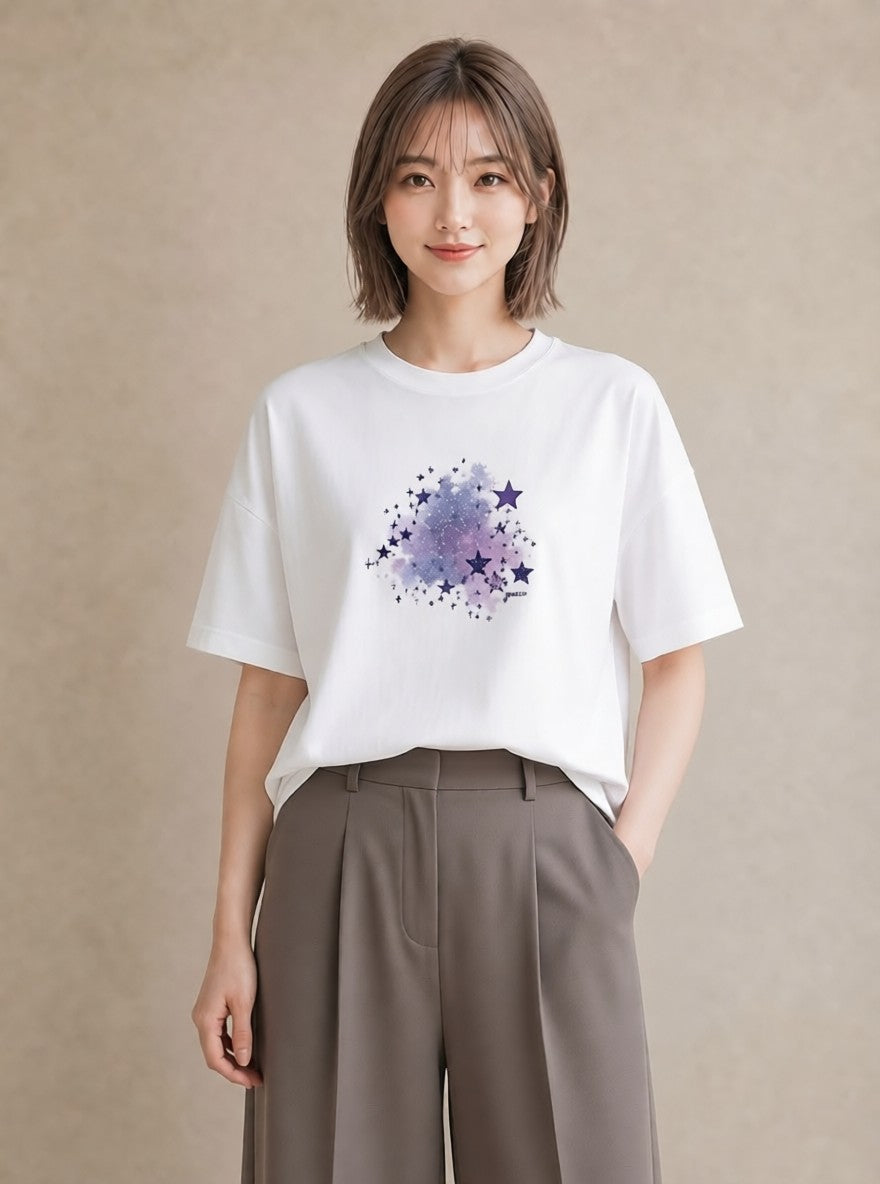Tシャツ レディース スター 星空 宇宙 イラスト フェミニン お出かけ 普段着 白T