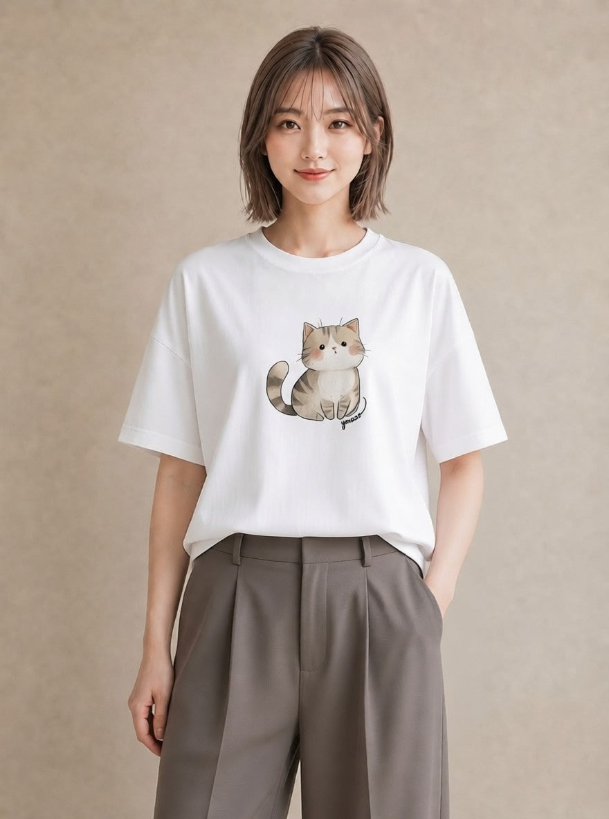 プリントTシャツ レディース エキゾチックショートヘア 猫 ねこ イラスト フェミニン 在宅 公園 白T
