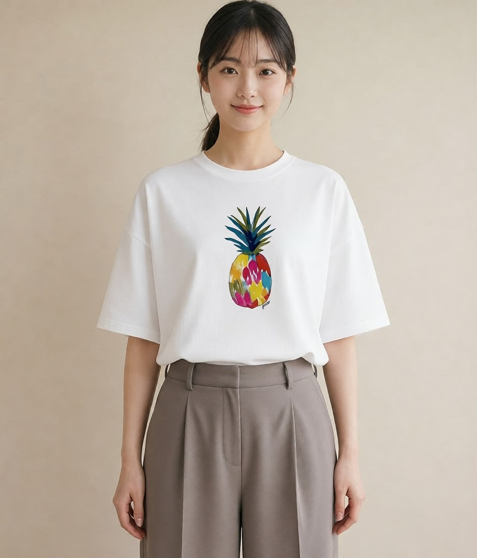 プリントTシャツ レディース パイナップル 食べ物 フード イラスト フェミニン 春服 ミセス 白T
