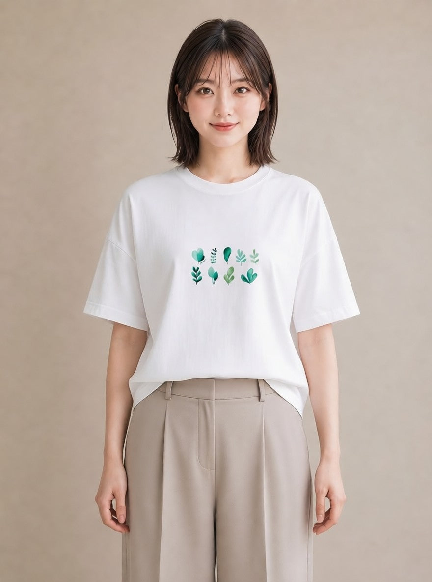半袖Tシャツ レディース シダ 植物 ボタニカル イラスト カフェコーデ ラフ レイヤード 白T