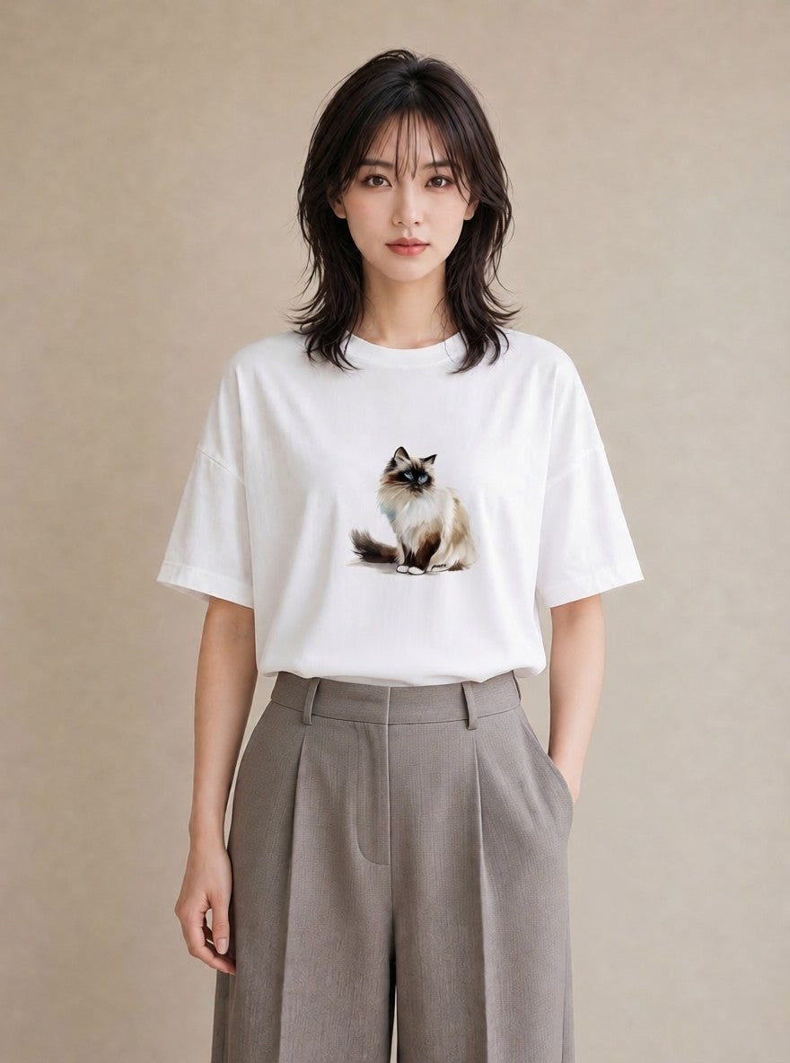 プリントTシャツ レディース おすわり猫 猫 ねこ イラスト フェミニン 普段着 週末コーデ 白T