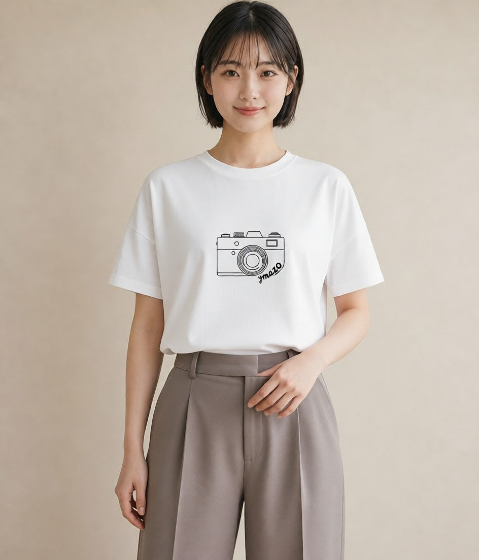 デザインTシャツ レディース カメラ フィルムカメラ レトロカメラ イラスト シンプル 自分用 ルームウェア 白T