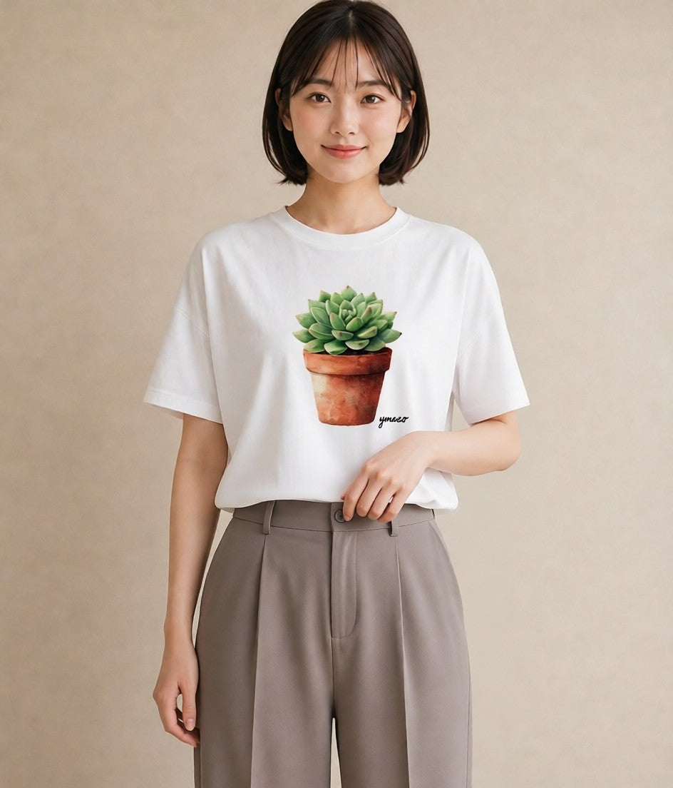 デザインTシャツ レディース 多肉植物 植物 ボタニカル イラスト シンプル 公園 ママ 白T