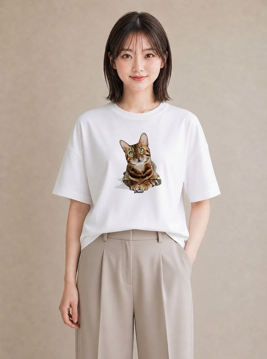 Tシャツ レディース しっぽ 猫 ねこ イラスト アート風 カフェ巡り 女子会 白T