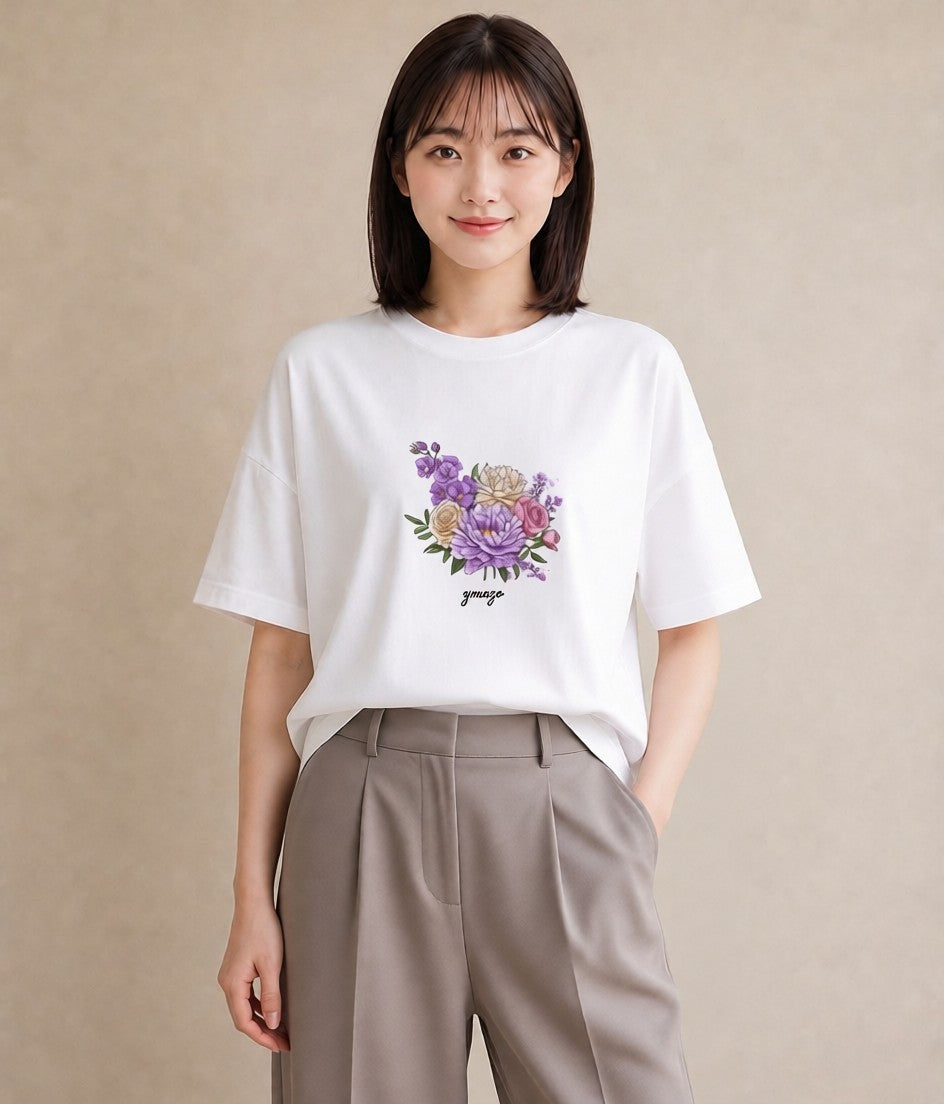 半袖Tシャツ レディース スミレ 花 花柄 イラスト 旅行コーデ デート 帰省 白T