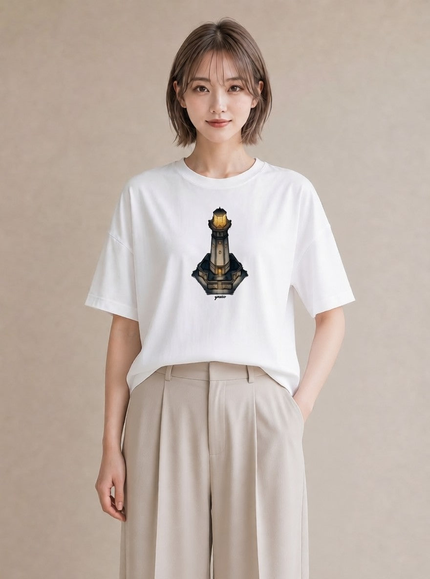 デザインTシャツ レディース 灯台 霧 海 ナチュラル アンティーク イラスト 抜け感 通学 誕生日プレゼント 白T
