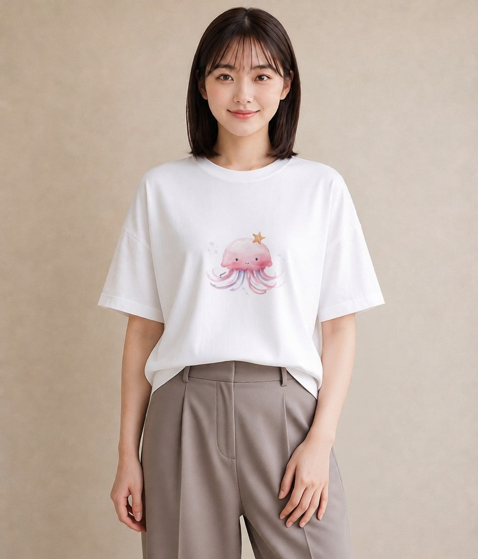 プリントTシャツ レディース くらげ クラゲ 海の生き物 海 イラスト 淡色 ビーチ デイリーウェア 白T