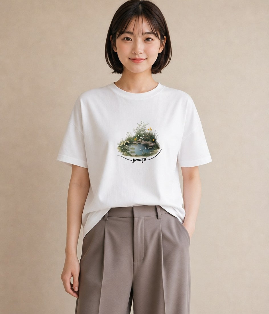 グラフィックTシャツ レディース 桟橋 水辺 波止場 ナチュラル アンティーク イラスト 線画 友達ギフト 部屋着 白T