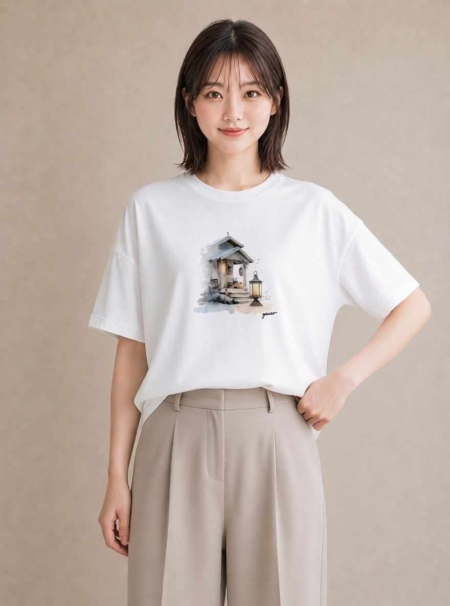 Tシャツ レディース 灯りの家 小屋 夜 ナチュラル アンティーク イラスト 可愛い 夏コーデ 通学 白T