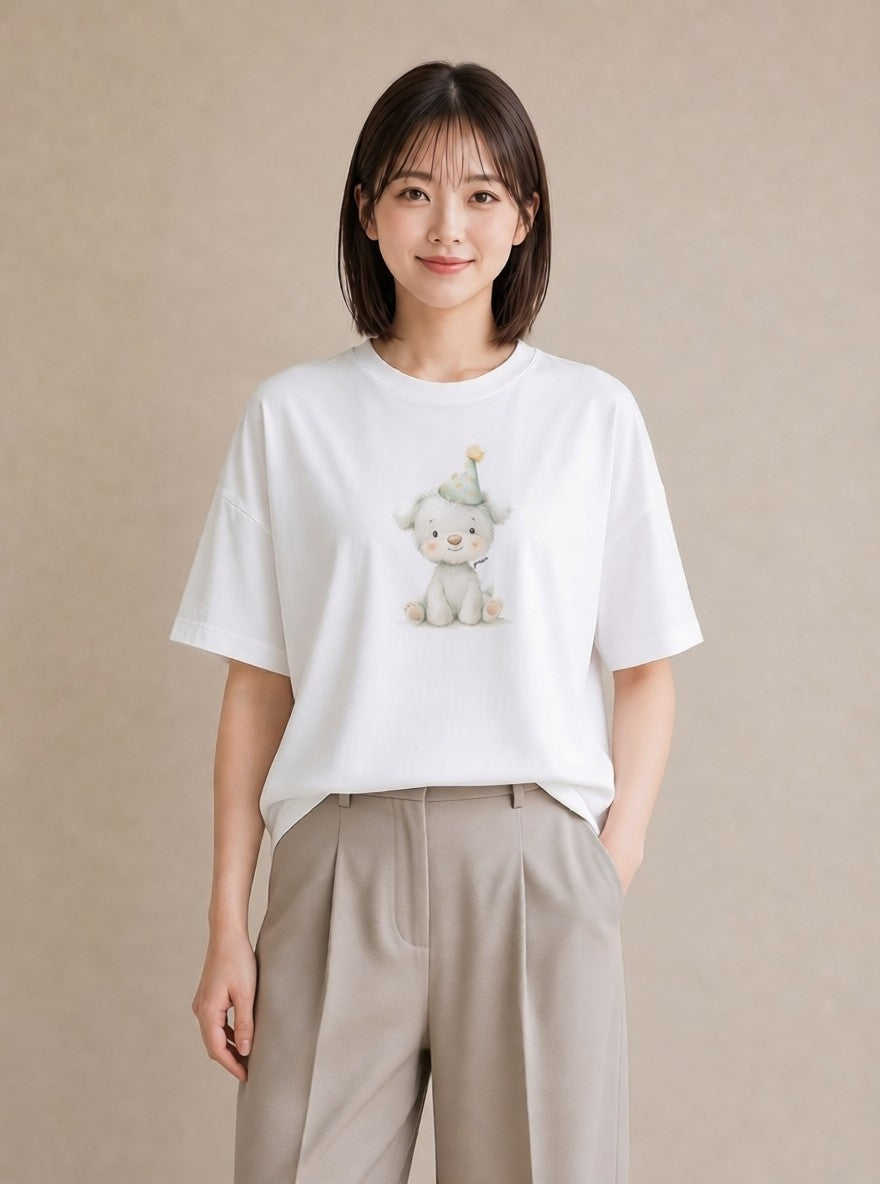 グラフィックTシャツ レディース 子犬 犬 いぬ イラスト きれいめカジュアル 自分用 ルームウェア 白T