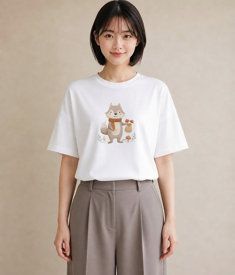 プリントTシャツ レディース きつね 動物 アニマル イラスト 水彩風 クリスマス 旅行 白T