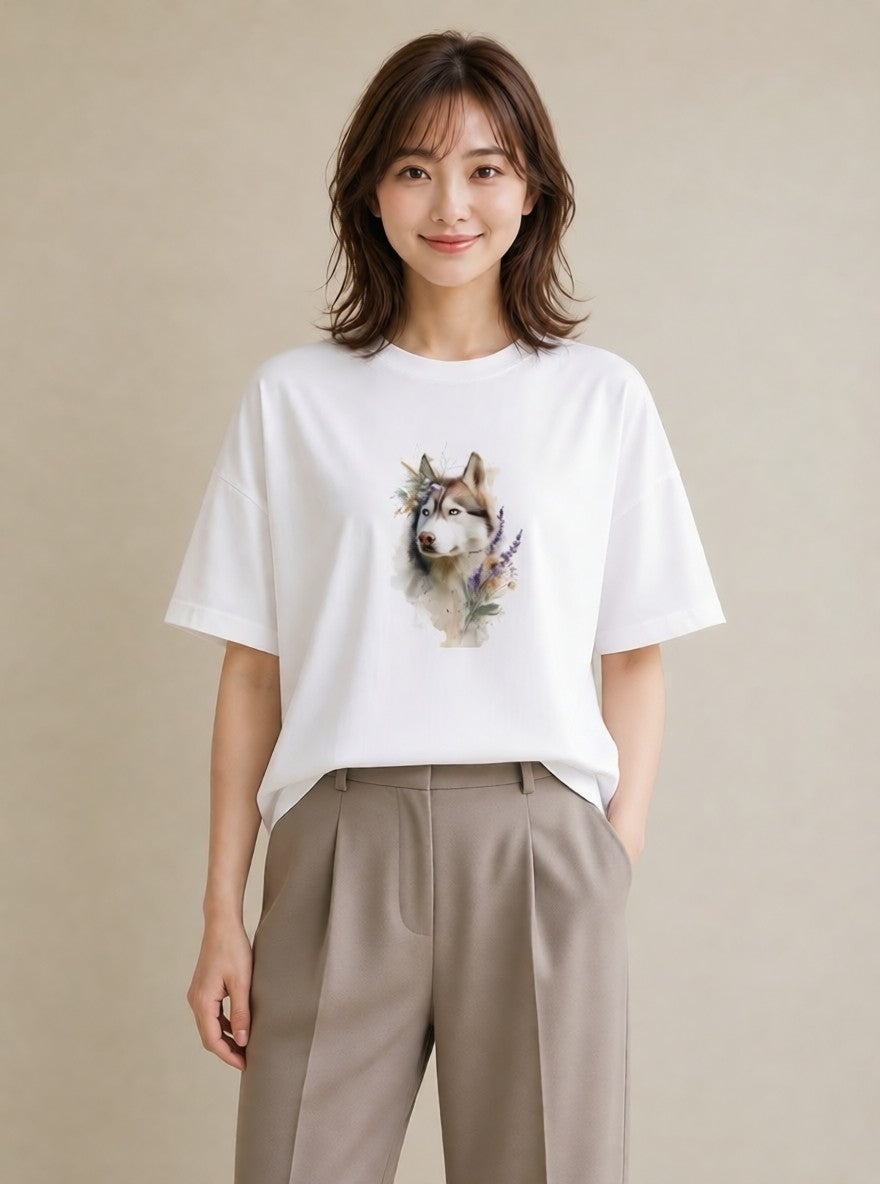 Tシャツ レディース シベリアンハスキー 犬 いぬ イラスト 休日コーデ 送別ギフト 通勤 白T