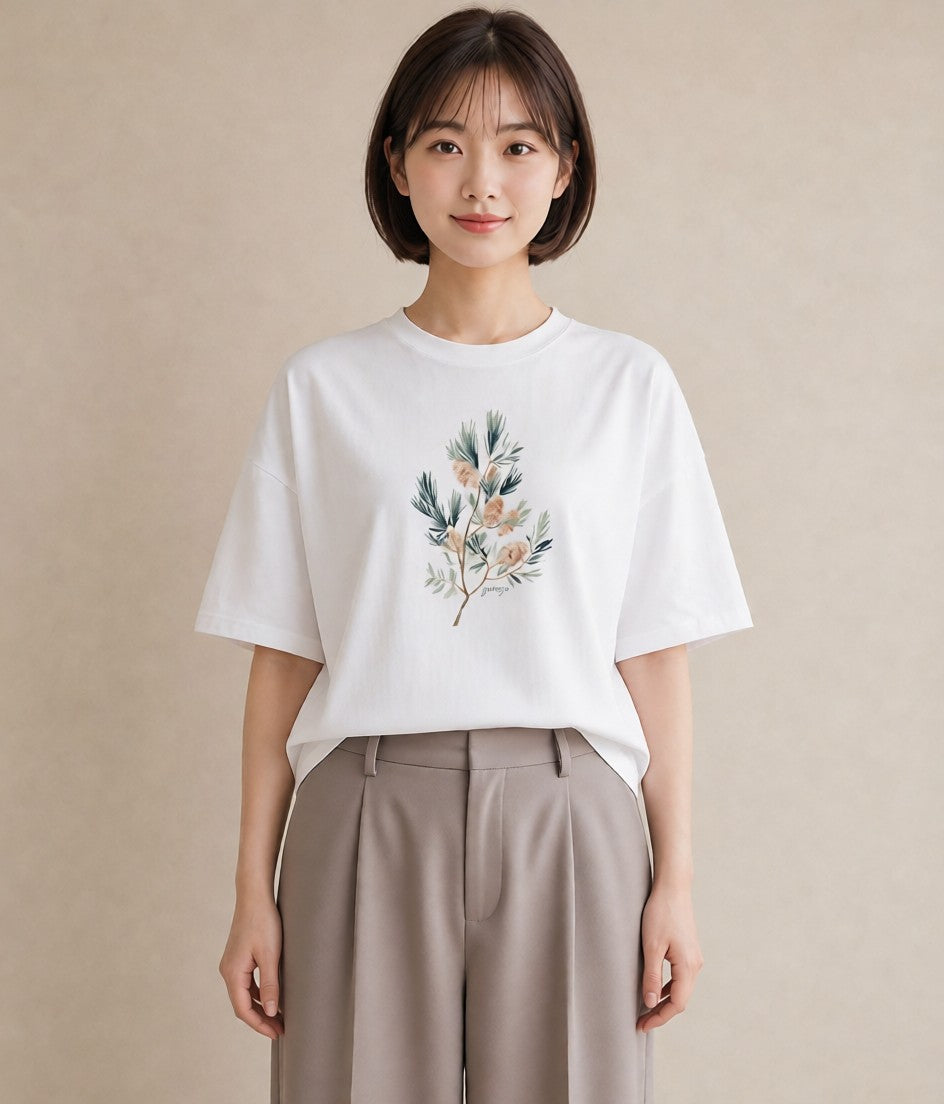 デザインTシャツ レディース 松ぼっくり 植物 ボタニカル イラスト 淡色 おしゃれギフト 社会人 白T