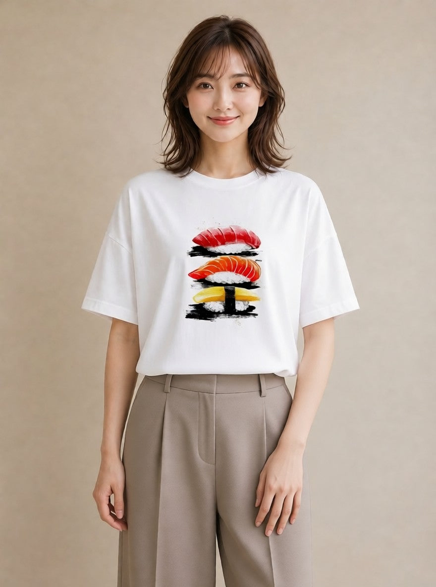 Tシャツ レディース お寿司 食べ物 フード イラスト ラフカジュアル 海 カフェ巡り 白T